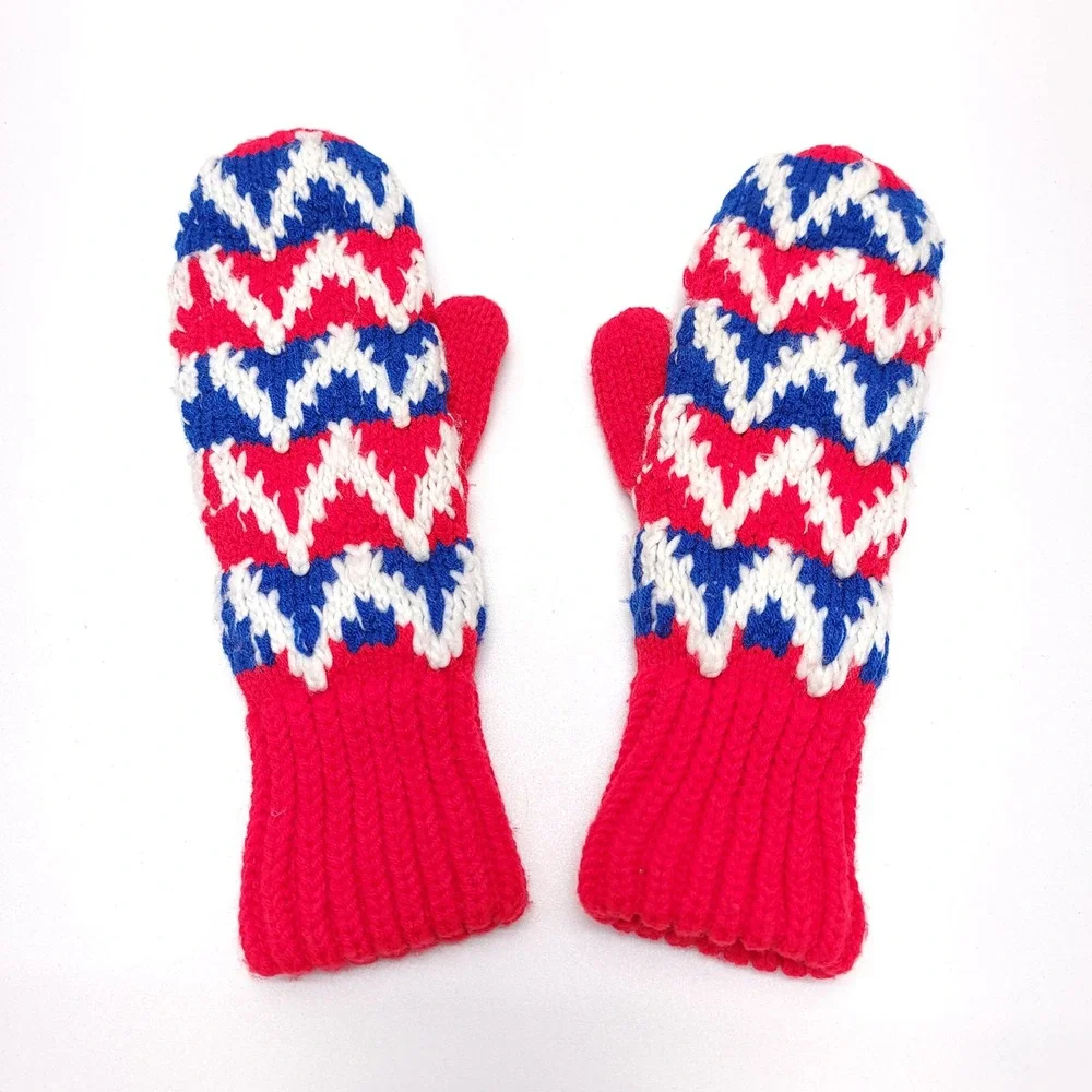 Vintage Mittens Red White & Blue Handmade Knitted Size Medium‎ Cozy Warm